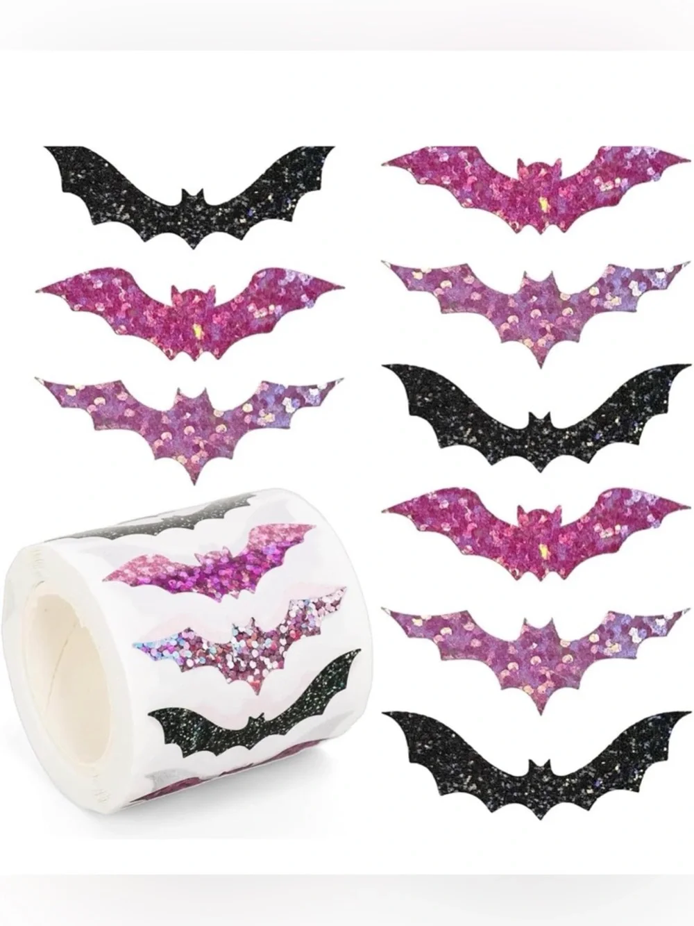 500 Pink & Black Glitter Bat Stickers Roll Halloween Seals Gift Wrap Party Favor